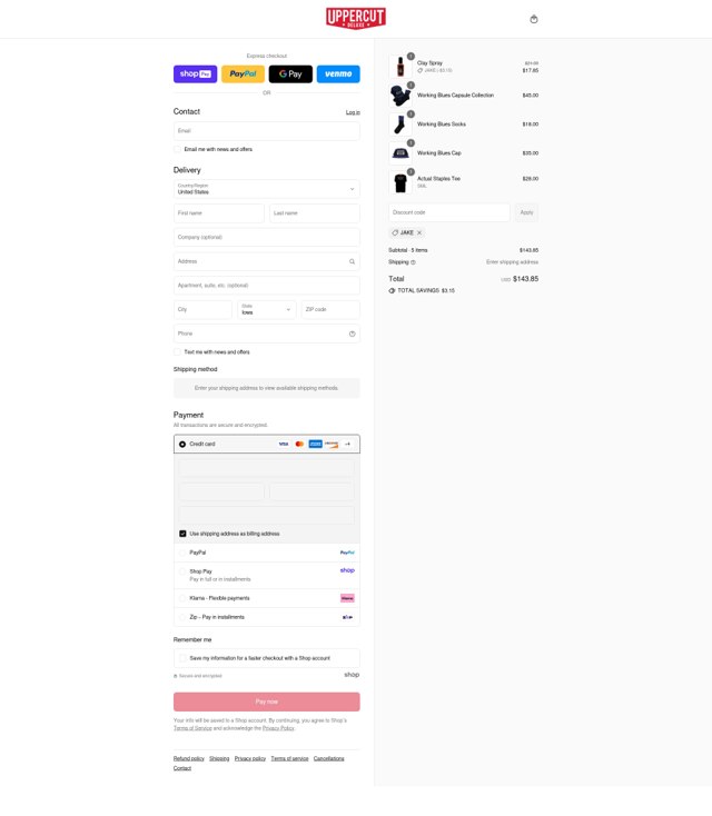 Uppercut Deluxe checkout page showing Uppercut Deluxe promo code box | Screenshot taken by SimplyCodes community member on Aug 25, 2025