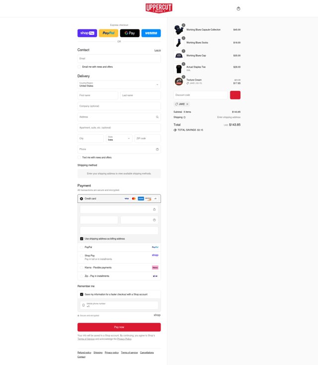 Uppercut Deluxe checkout page showing Uppercut Deluxe promo code box | Screenshot taken by SimplyCodes community member on Aug 17, 2025