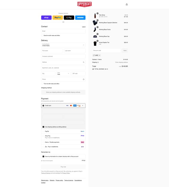 Uppercut Deluxe checkout page showing Uppercut Deluxe promo code box | Screenshot taken by SimplyCodes community member on Aug 31, 2025
