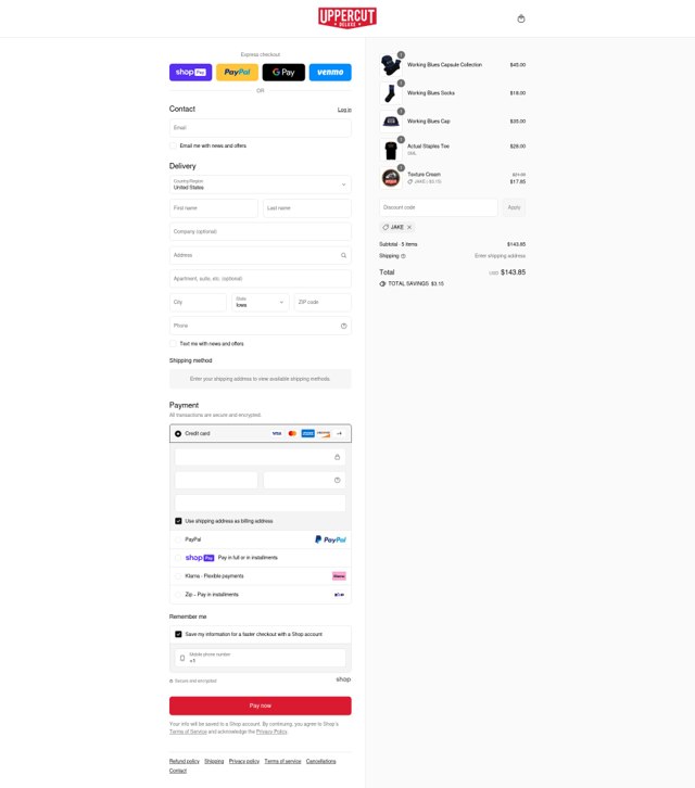Uppercut Deluxe checkout page showing Uppercut Deluxe promo code box | Screenshot taken by SimplyCodes community member on Aug 9, 2025