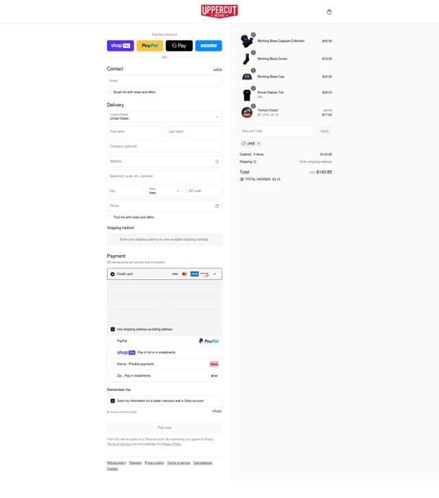 Uppercut Deluxe checkout page showing Uppercut Deluxe promo code box | Screenshot taken by SimplyCodes community member on Aug 5, 2025