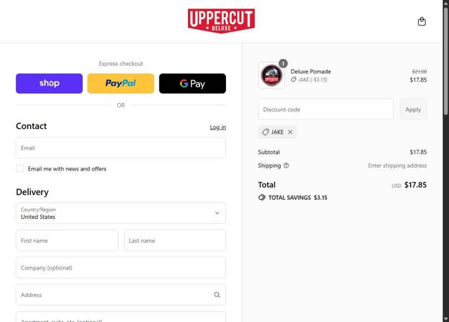 Uppercut Deluxe checkout page showing Uppercut Deluxe promo code box | Screenshot taken by SimplyCodes community member on Aug 31, 2025