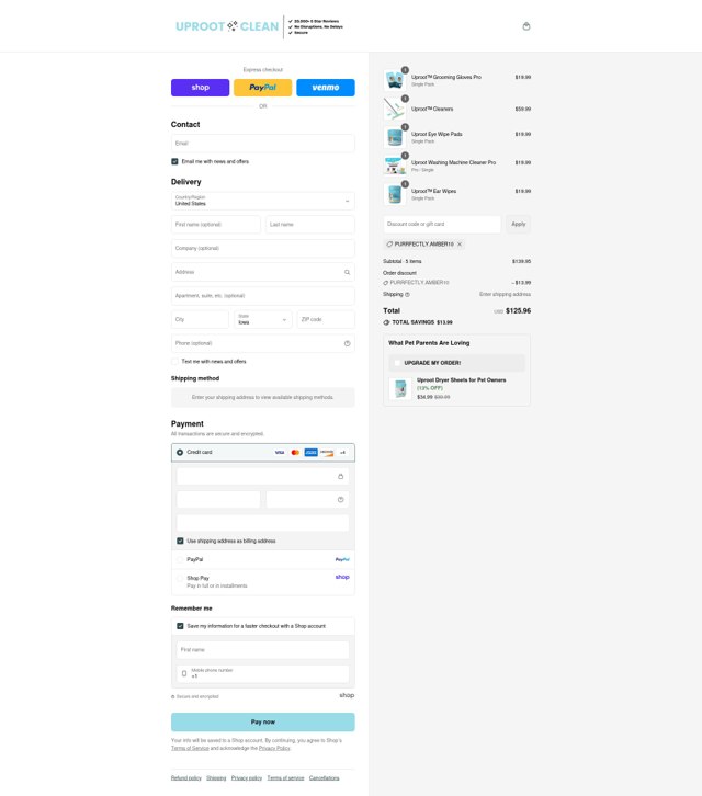 Uproot Clean checkout page showing Uproot Clean discount code box | Screenshot taken by SimplyCodes community member on Sep 6, 2025