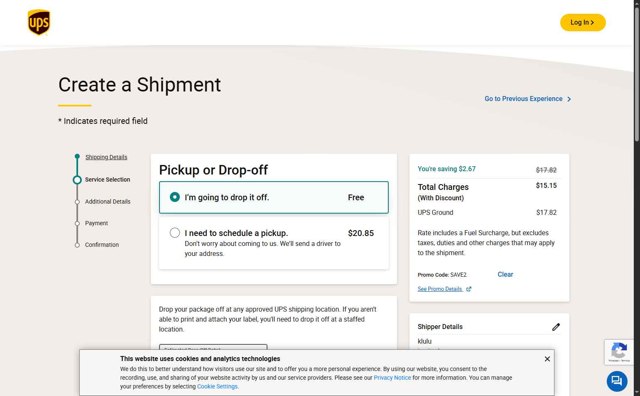UPS checkout page showing UPS promo code box | Screenshot taken by SimplyCodes community member on Aug 22, 2025