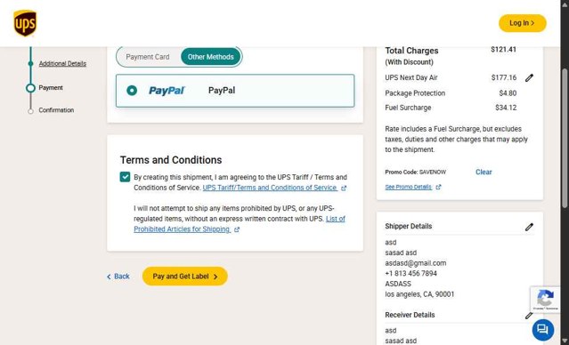 UPS checkout page showing UPS promo code box | Screenshot taken by SimplyCodes community member on Aug 16, 2025