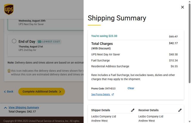 UPS checkout page showing UPS promo code box | Screenshot taken by SimplyCodes community member on Aug 19, 2025