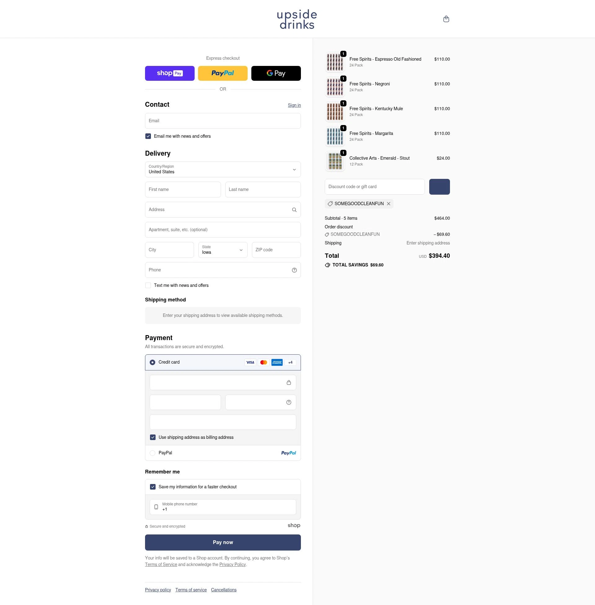 Upside Drinks checkout page showing Upside Drinks promo code box | Screenshot taken by SimplyCodes community member on Jan 7, 2026