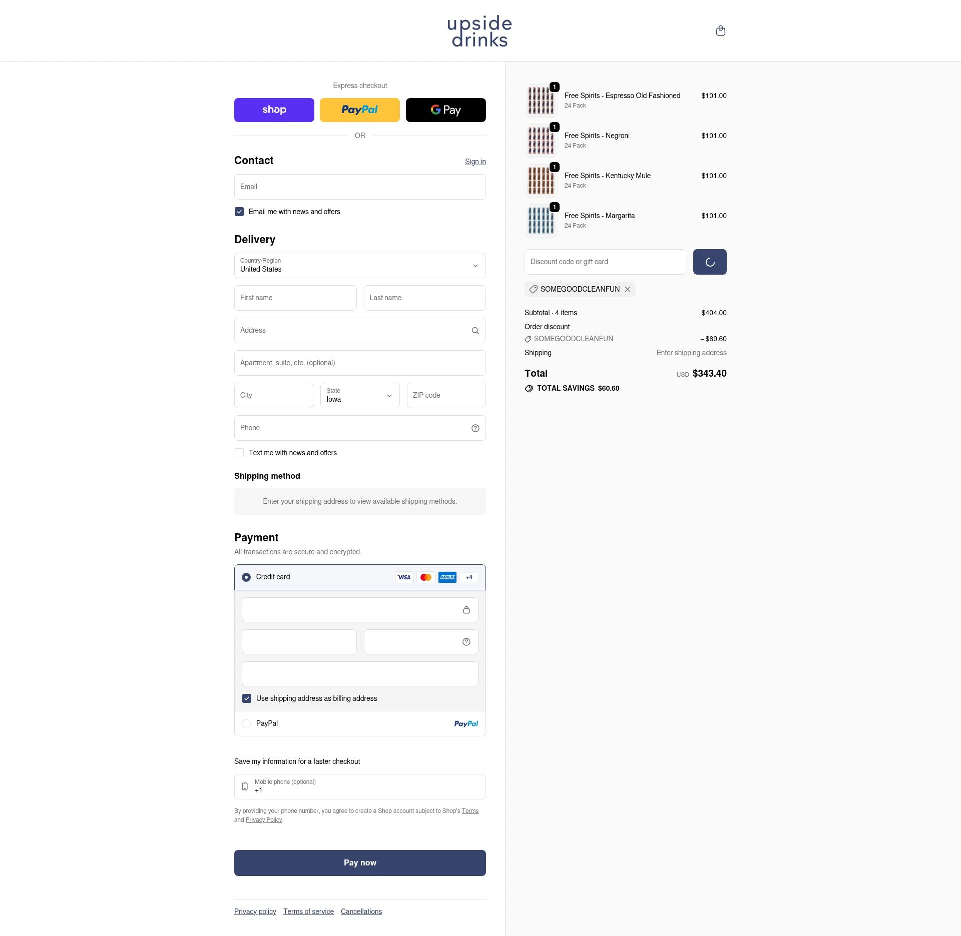 Upside Drinks checkout page showing Upside Drinks promo code box | Screenshot taken by SimplyCodes community member on Jan 31, 2026