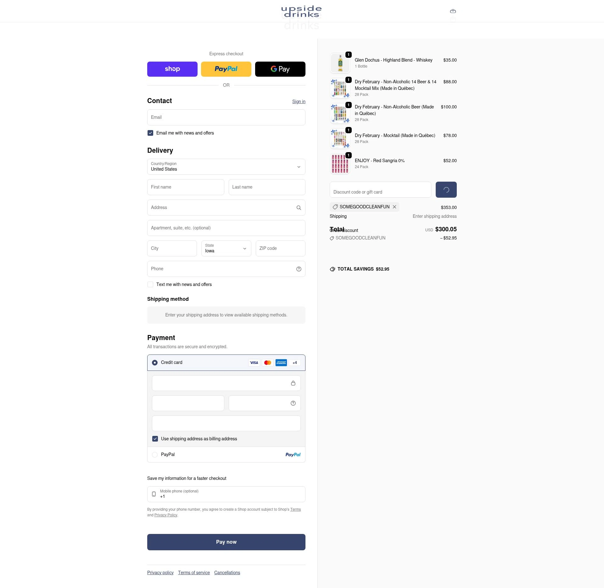 Upside Drinks checkout page showing Upside Drinks promo code box | Screenshot taken by SimplyCodes community member on Feb 4, 2026