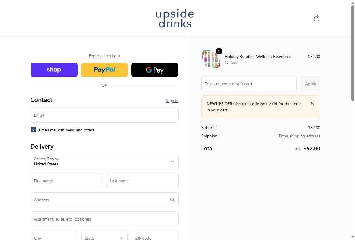 Upside Drinks checkout page showing Upside Drinks promo code box | Screenshot taken by SimplyCodes community member on Dec 23, 2025