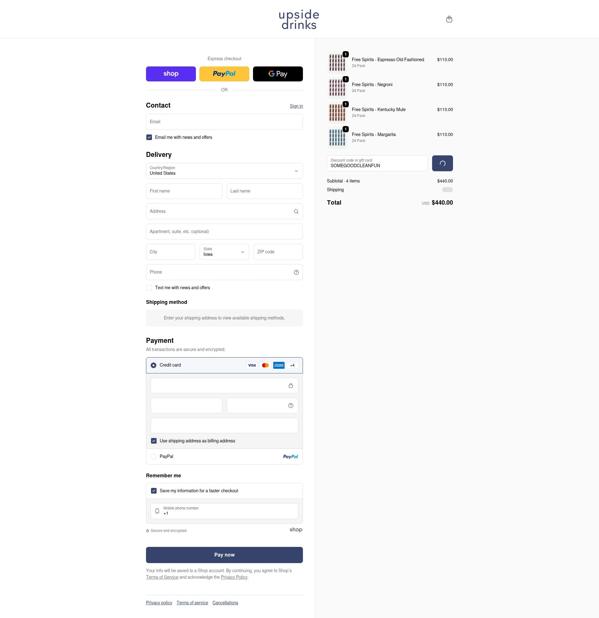 Upside Drinks checkout page showing Upside Drinks promo code box | Screenshot taken by SimplyCodes community member on Jan 22, 2026