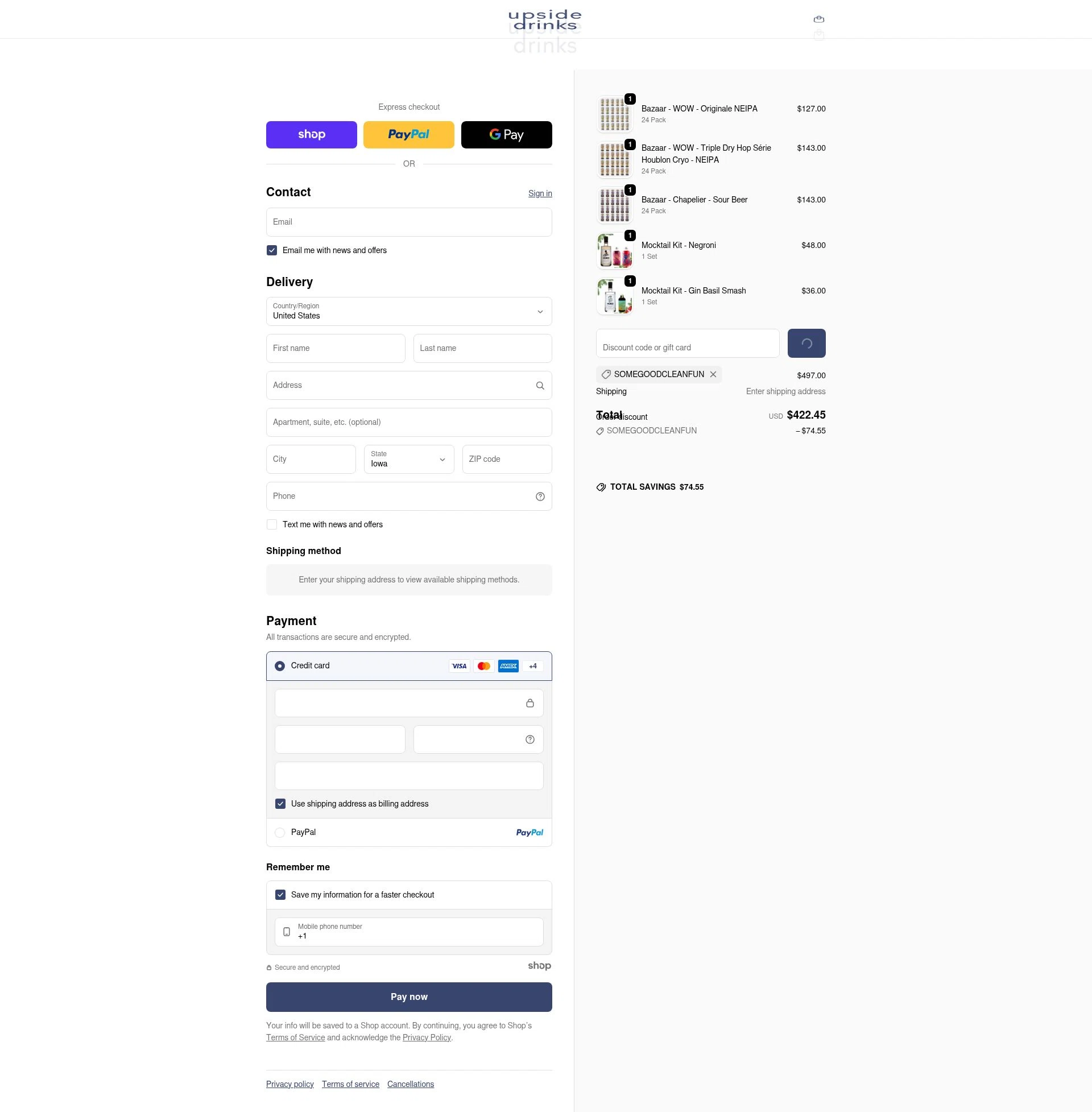 Upside Drinks checkout page showing Upside Drinks promo code box | Screenshot taken by SimplyCodes community member on Dec 27, 2025
