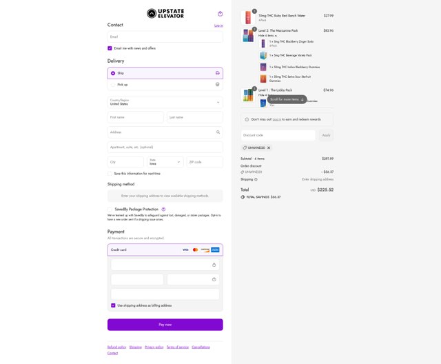 Upstate Elevator checkout page showing Upstate Elevator promo code box | Screenshot taken by SimplyCodes community member on Sep 8, 2025