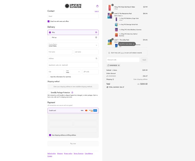 Upstate Elevator checkout page showing Upstate Elevator promo code box | Screenshot taken by SimplyCodes community member on Sep 3, 2025