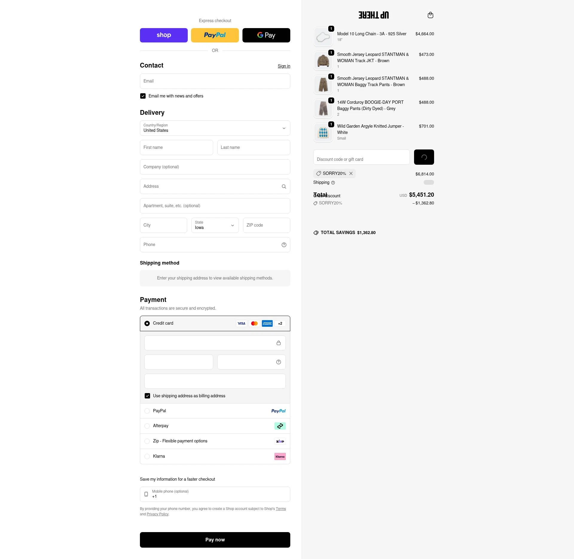 Up There Store checkout page showing Up There Store discount code box | Screenshot taken by SimplyCodes community member on Feb 8, 2026