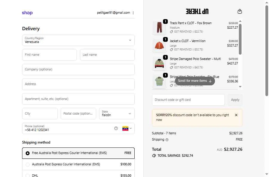 Up There Store checkout page showing Up There Store discount code box | Screenshot taken by SimplyCodes community member on Feb 1, 2026