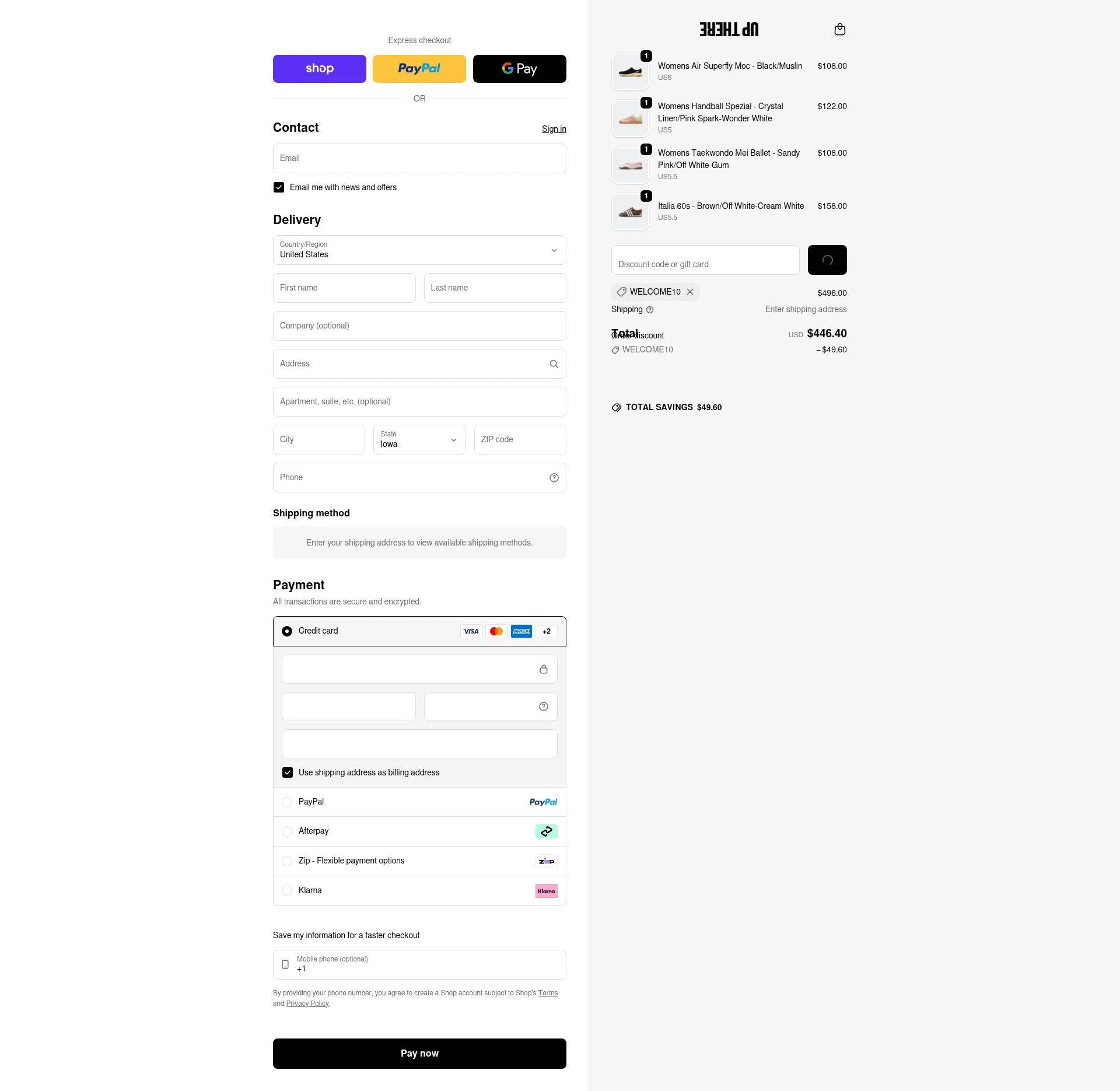 Up There Store checkout page showing Up There Store discount code box | Screenshot taken by SimplyCodes community member on Feb 4, 2026