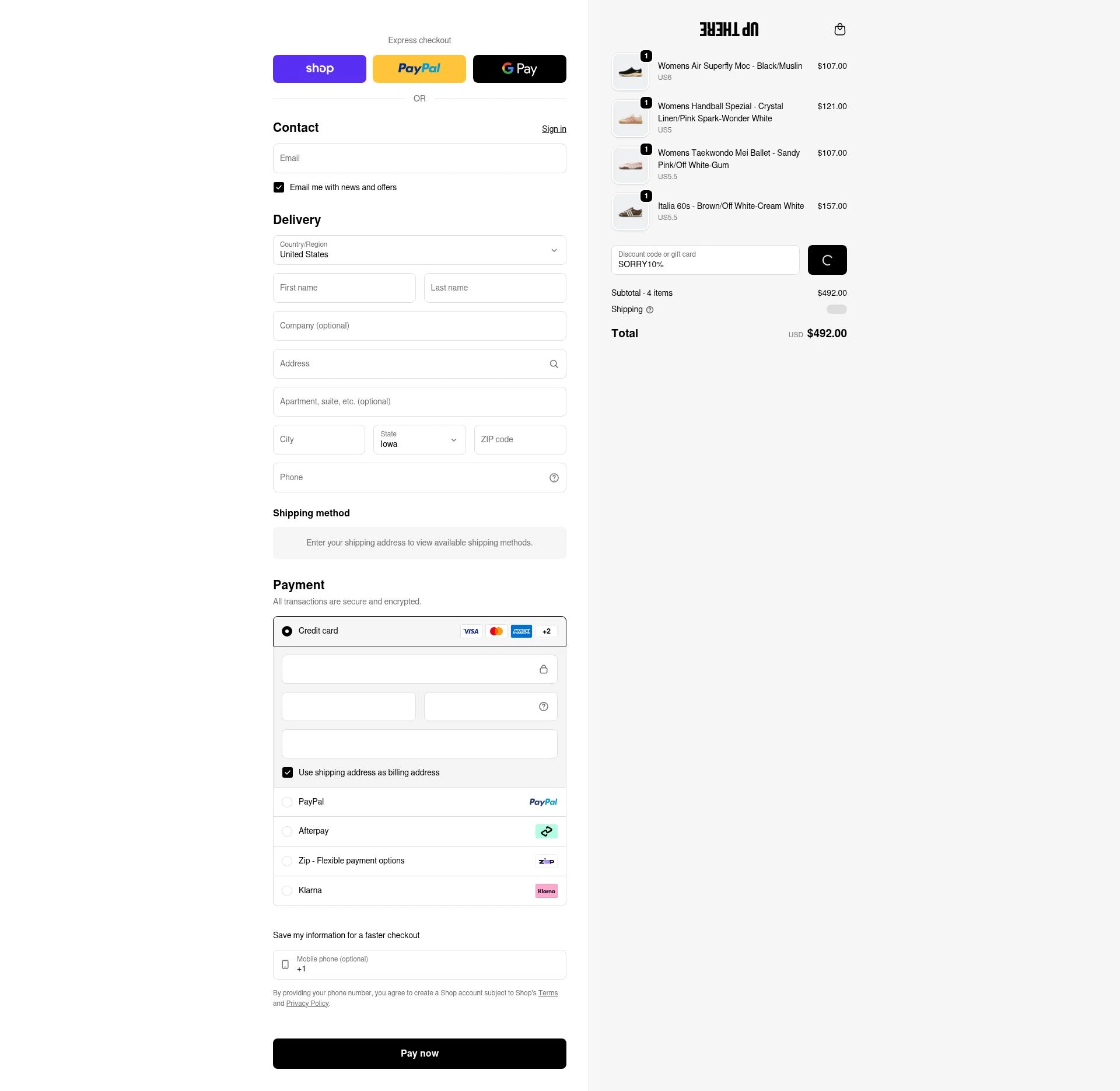Up There Store checkout page showing Up There Store discount code box | Screenshot taken by SimplyCodes community member on Jan 30, 2026