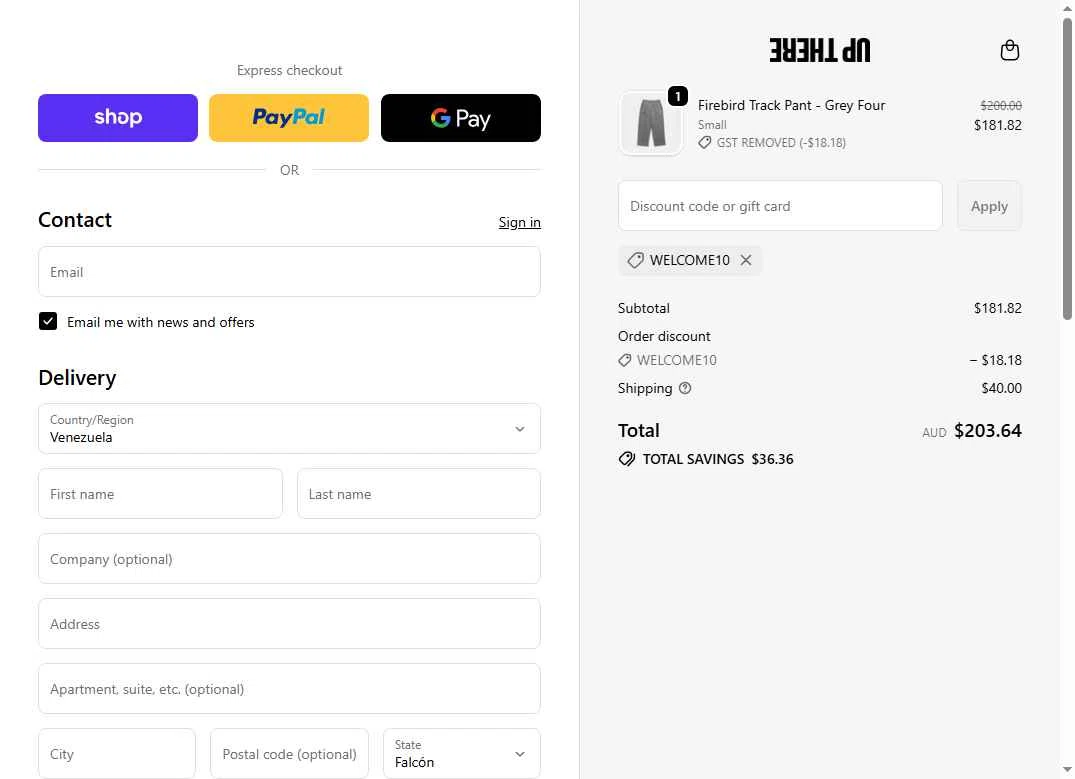 Up There Store checkout page showing Up There Store discount code box | Screenshot taken by SimplyCodes community member on Feb 8, 2026