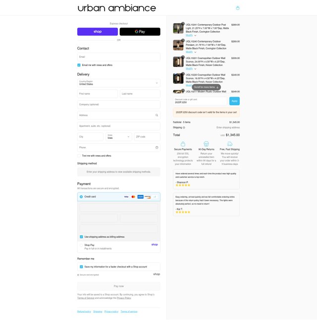 Urban Ambiance checkout page showing Urban Ambiance discount code box | Screenshot taken by SimplyCodes community member on Sep 3, 2025