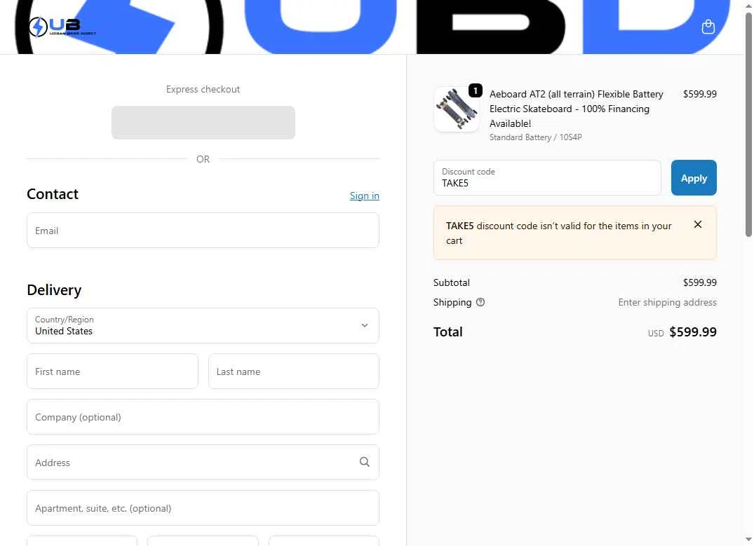 Urban Bikes Direct checkout page showing Urban Bikes Direct discount code box | Screenshot taken by SimplyCodes community member on Dec 16, 2025