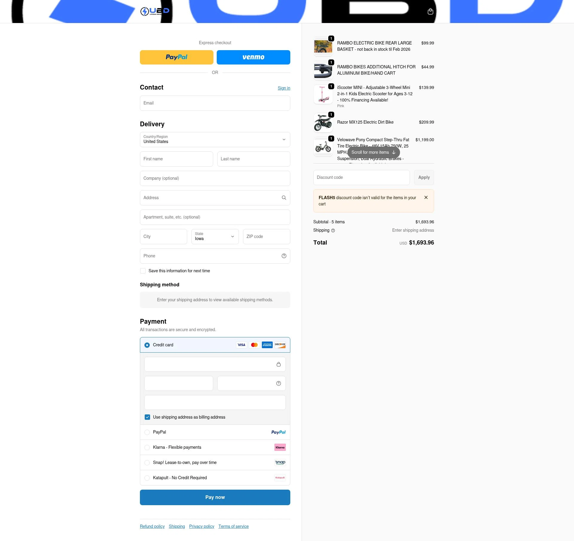 Urban Bikes Direct checkout page showing Urban Bikes Direct discount code box | Screenshot taken by SimplyCodes community member on Jan 7, 2026