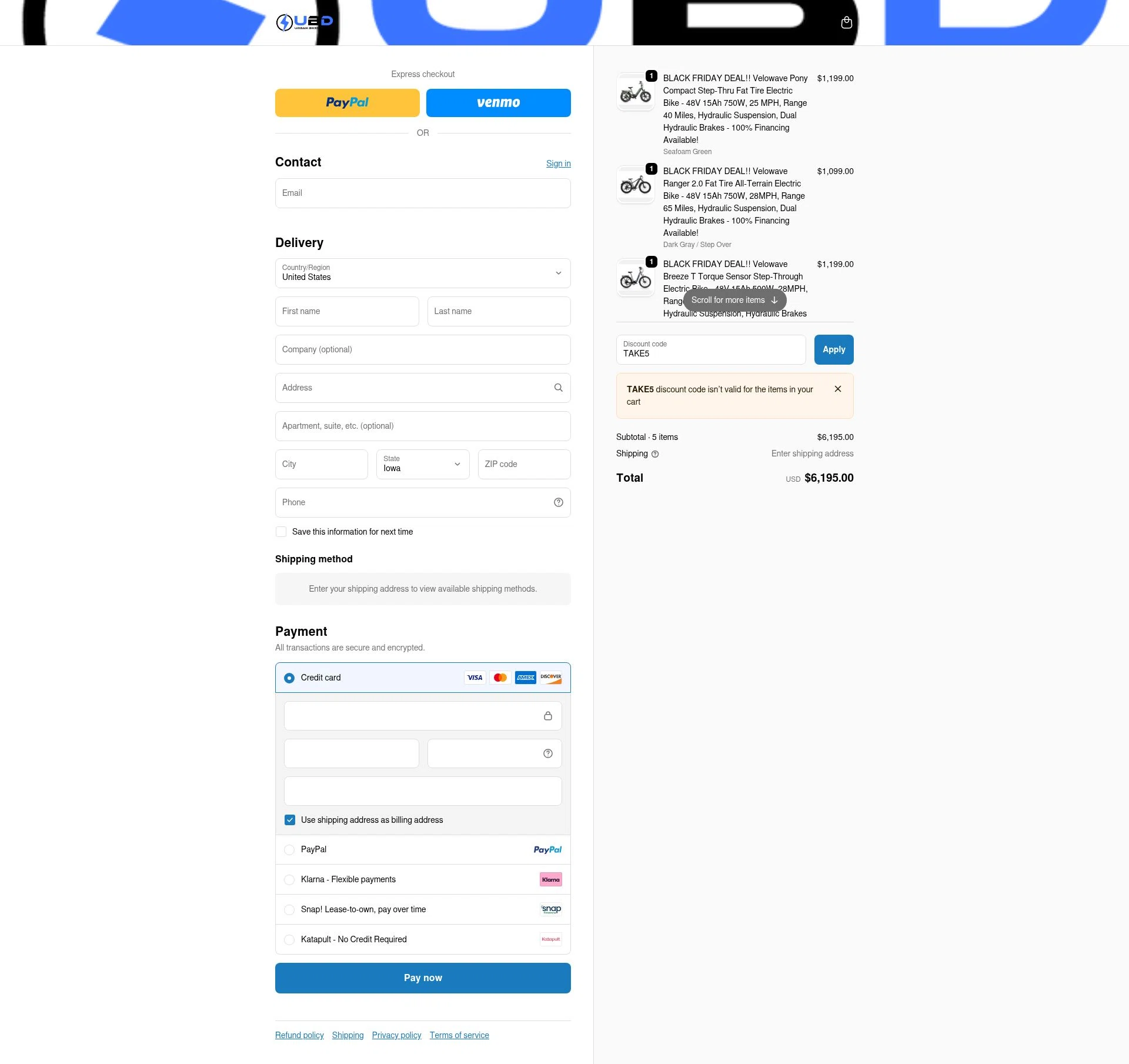 Urban Bikes Direct checkout page showing Urban Bikes Direct discount code box | Screenshot taken by SimplyCodes community member on Dec 16, 2025