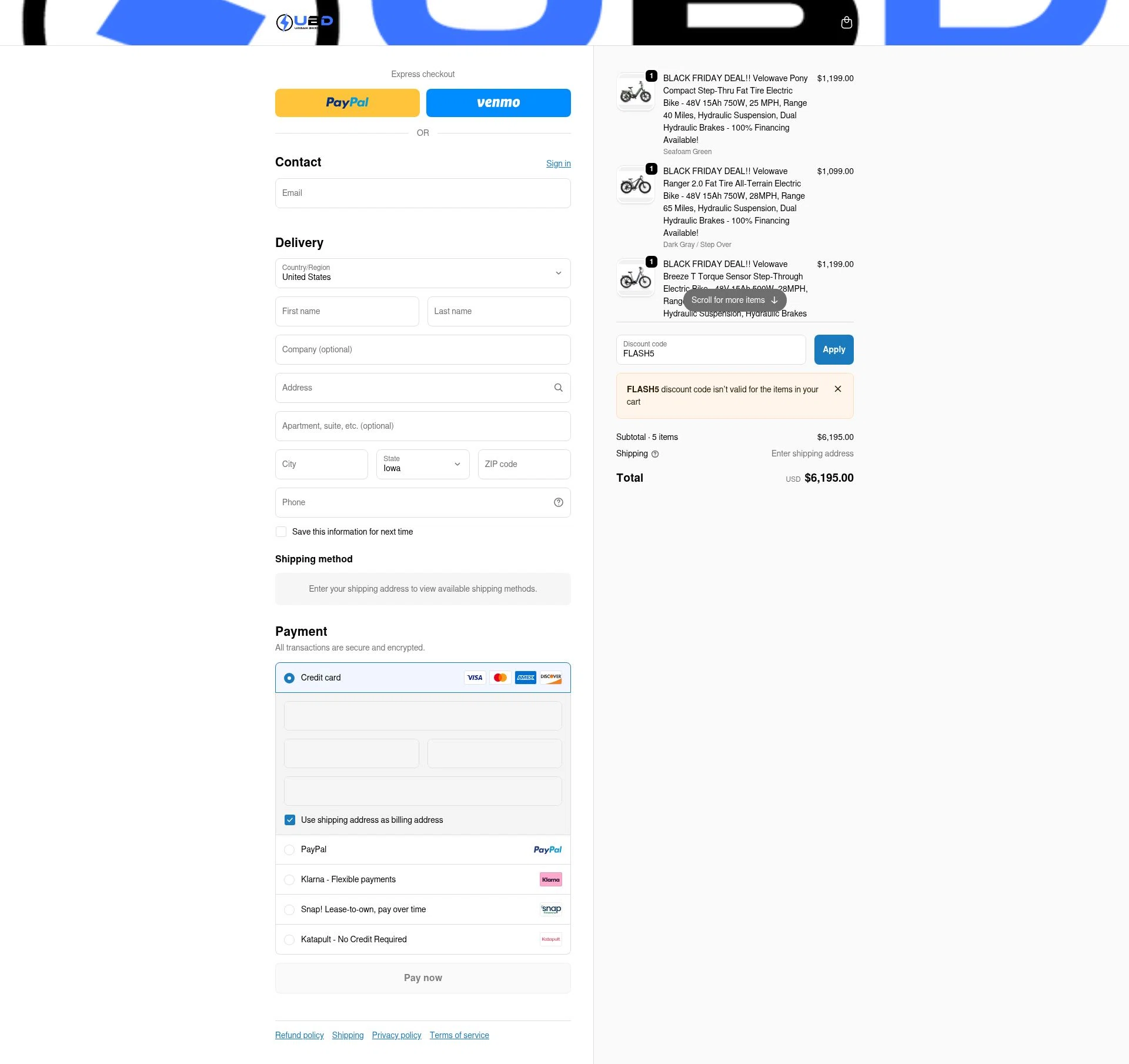 Urban Bikes Direct checkout page showing Urban Bikes Direct discount code box | Screenshot taken by SimplyCodes community member on Dec 16, 2025
