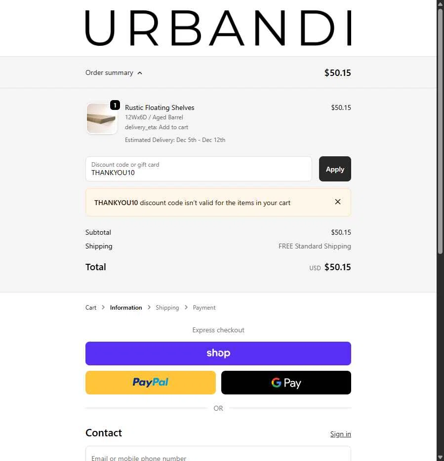 Urbandi checkout page showing Urbandi discount code box | Screenshot taken by SimplyCodes community member on Nov 17, 2025
