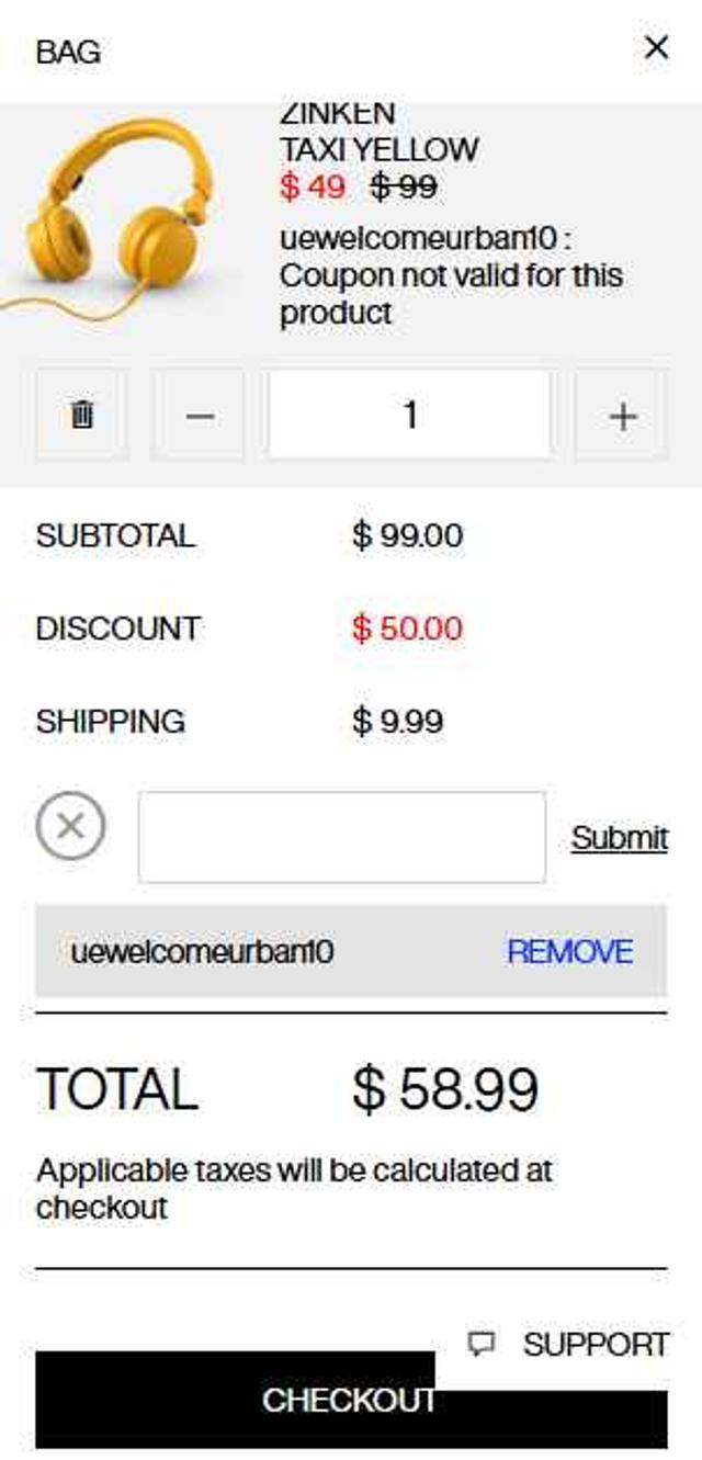 Urbanears checkout page showing Urbanears discount code box | Screenshot taken by SimplyCodes community member on Jul 14, 2025