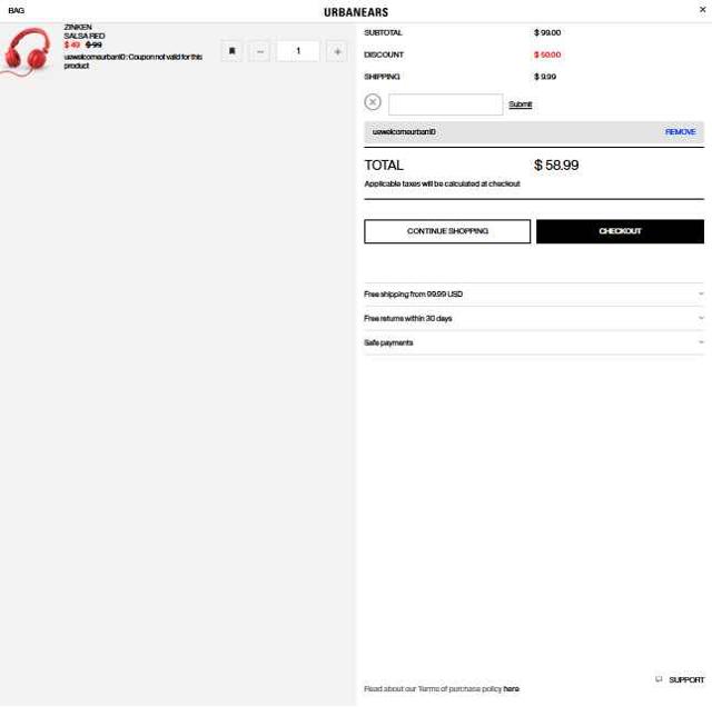 Urbanears checkout page showing Urbanears discount code box | Screenshot taken by SimplyCodes community member on Aug 9, 2025