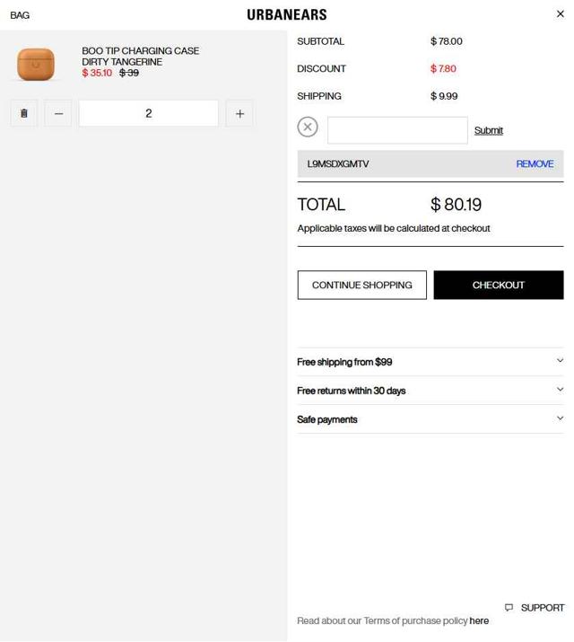 Urbanears checkout page showing Urbanears discount code box | Screenshot taken by SimplyCodes community member on May 26, 2025