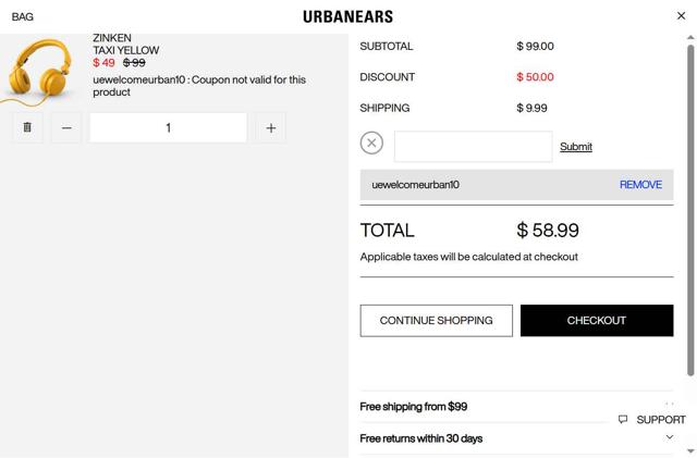 Urbanears checkout page showing Urbanears discount code box | Screenshot taken by SimplyCodes community member on Jul 14, 2025