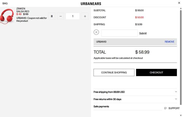Urbanears checkout page showing Urbanears discount code box | Screenshot taken by SimplyCodes community member on Sep 3, 2025