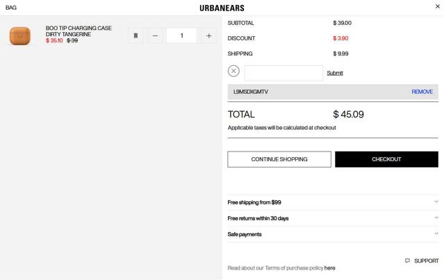 Urbanears checkout page showing Urbanears discount code box | Screenshot taken by SimplyCodes community member on May 26, 2025