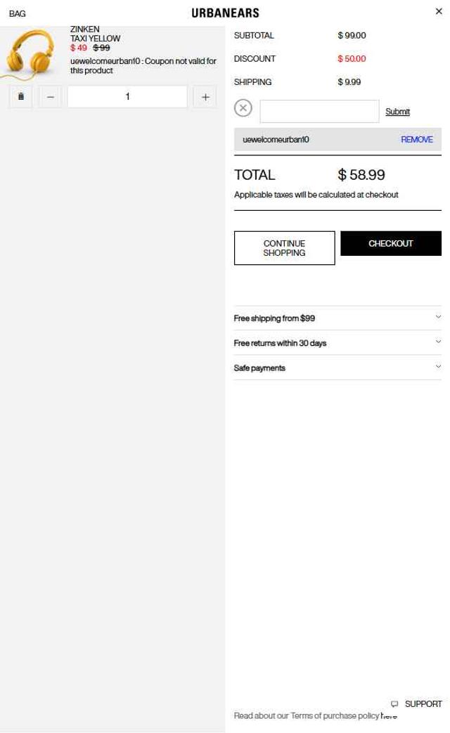 Urbanears checkout page showing Urbanears discount code box | Screenshot taken by SimplyCodes community member on Jul 14, 2025
