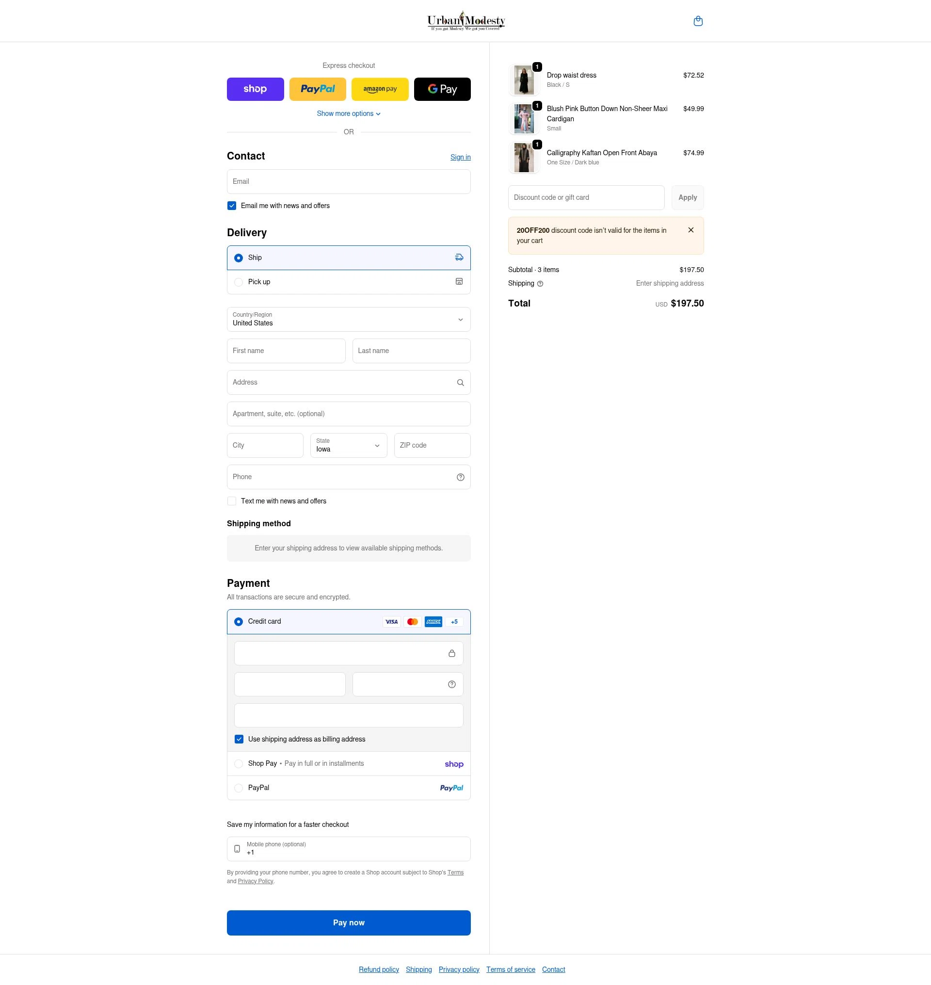 Urban Modesty checkout page showing Urban Modesty discount code box | Screenshot taken by SimplyCodes community member on Feb 7, 2026