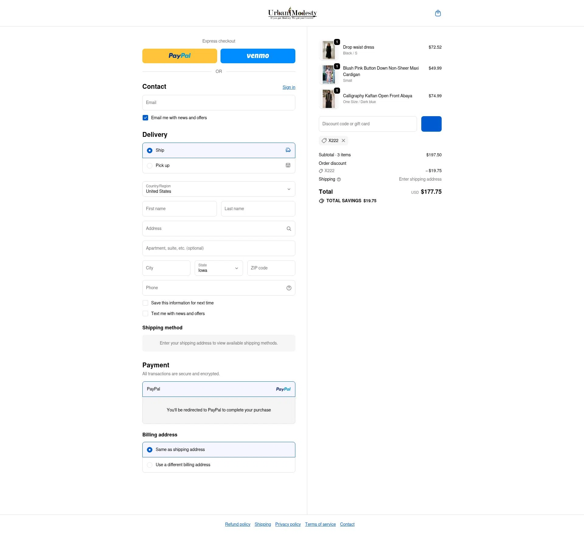 Urban Modesty checkout page showing Urban Modesty discount code box | Screenshot taken by SimplyCodes community member on Feb 16, 2026
