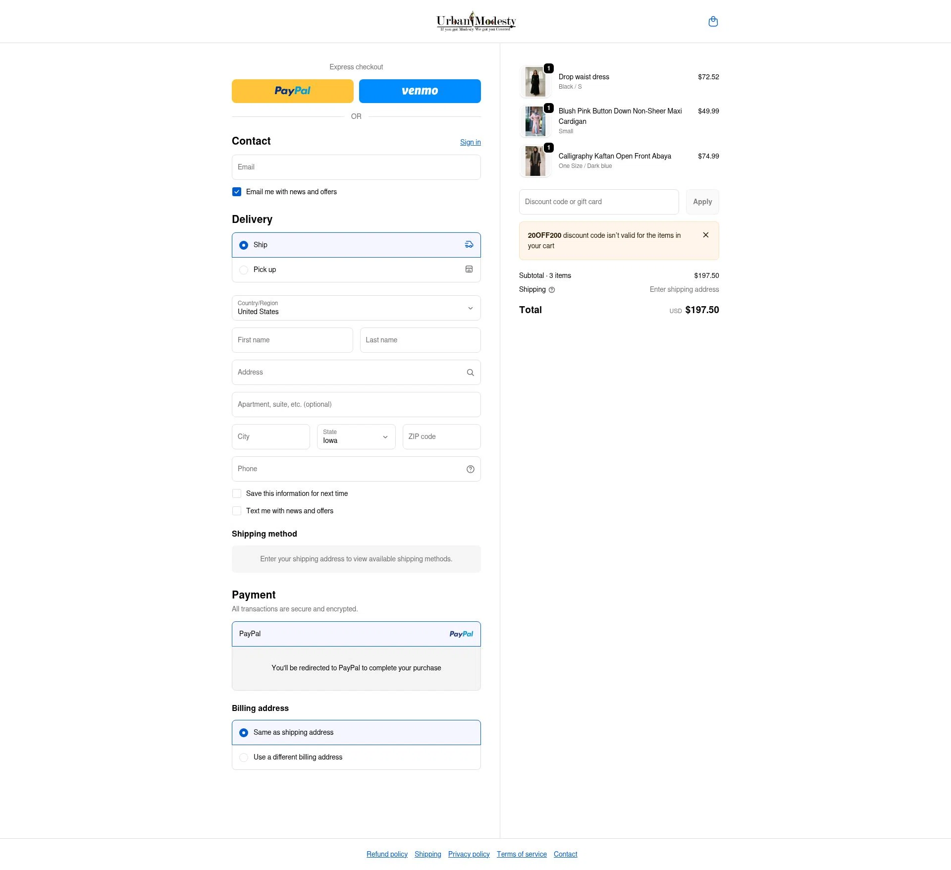 Urban Modesty checkout page showing Urban Modesty discount code box | Screenshot taken by SimplyCodes community member on Feb 16, 2026