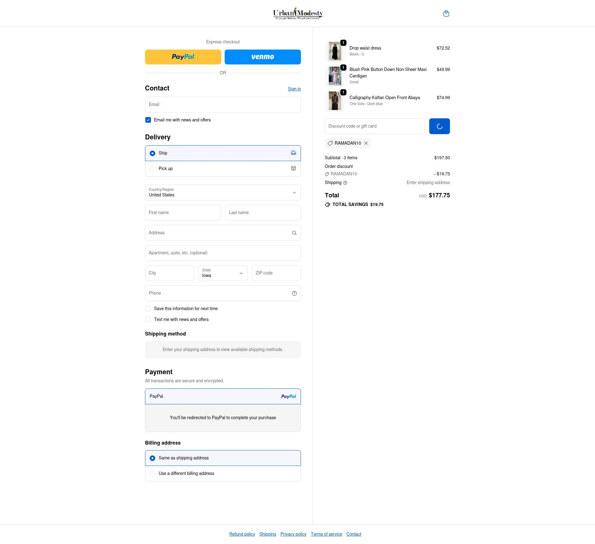 Urban Modesty checkout page showing Urban Modesty discount code box | Screenshot taken by SimplyCodes community member on Feb 11, 2026
