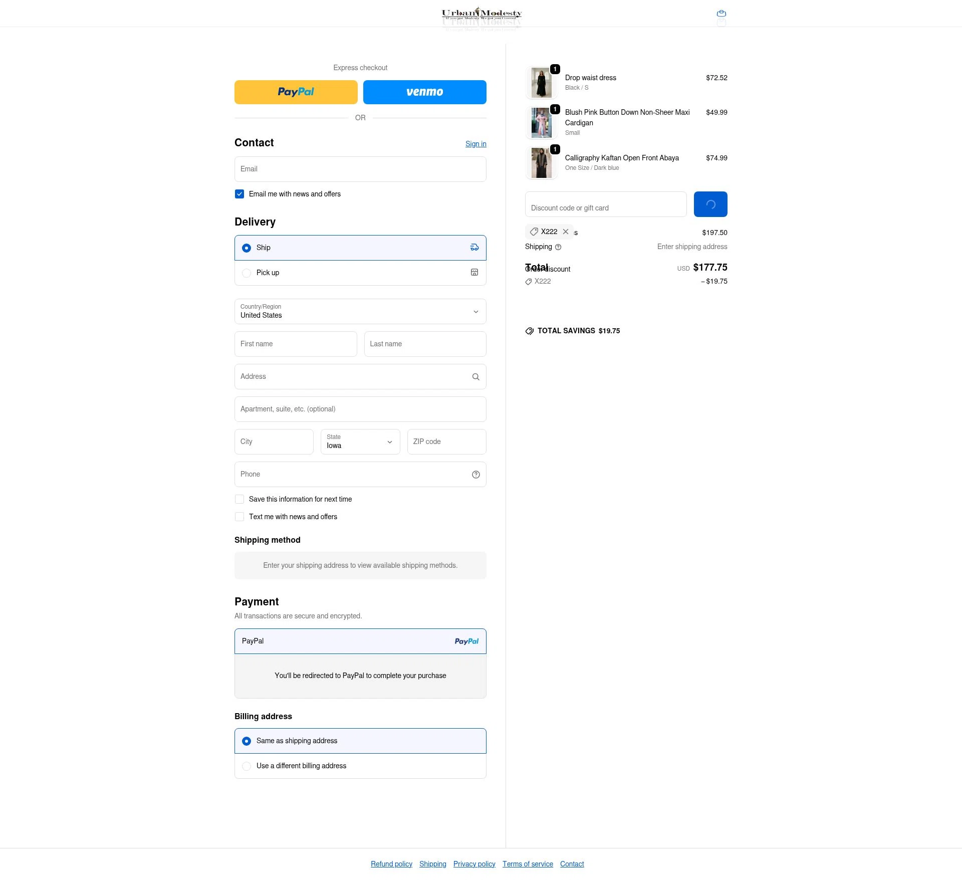 Urban Modesty checkout page showing Urban Modesty discount code box | Screenshot taken by SimplyCodes community member on Feb 11, 2026