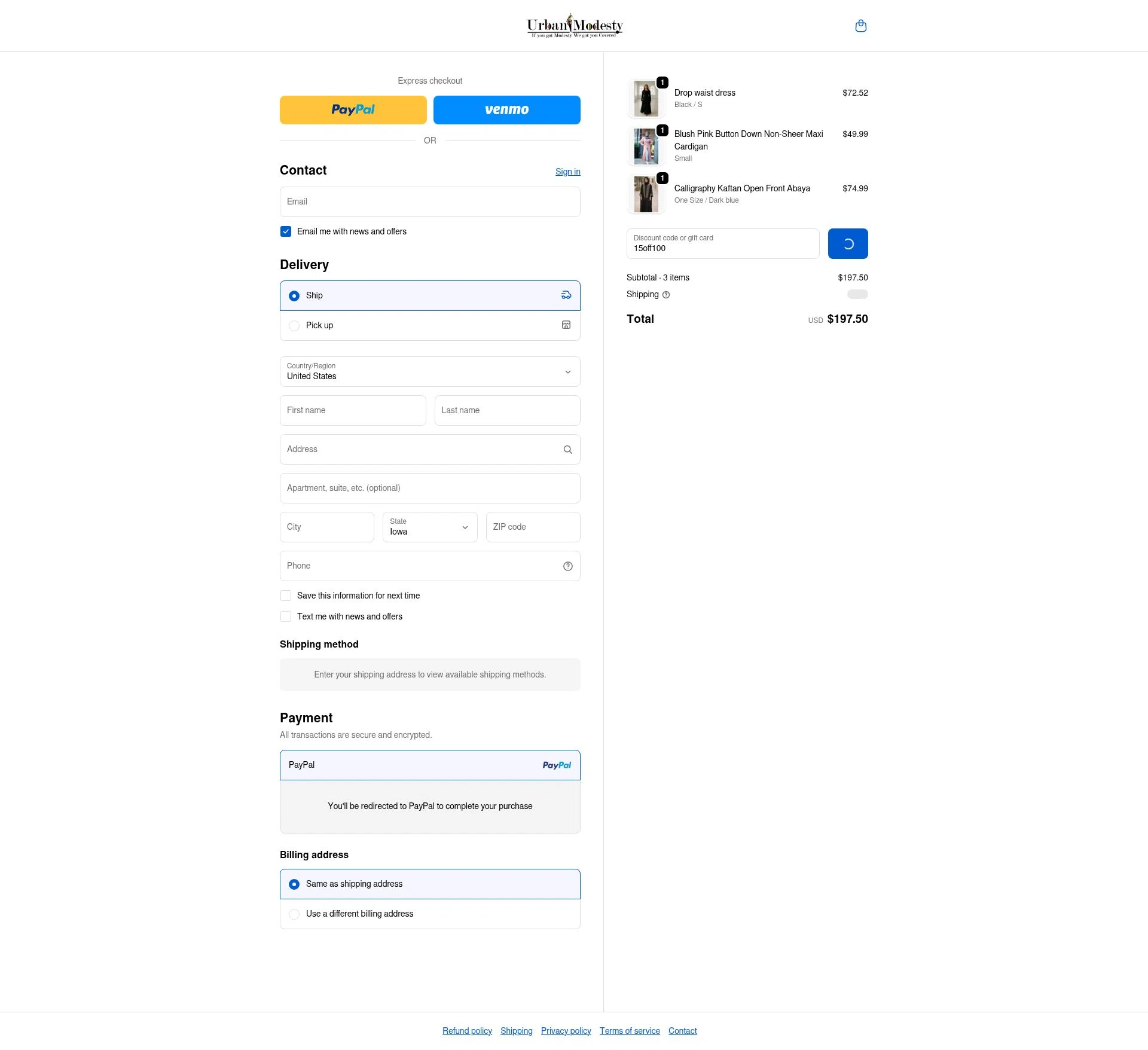 Urban Modesty checkout page showing Urban Modesty discount code box | Screenshot taken by SimplyCodes community member on Feb 16, 2026