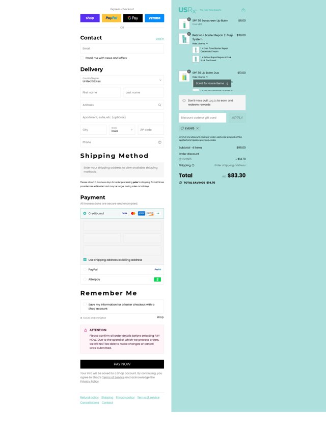 Urban Skin Rx checkout page showing Urban Skin Rx coupon code box | Screenshot taken by SimplyCodes community member on Sep 5, 2025