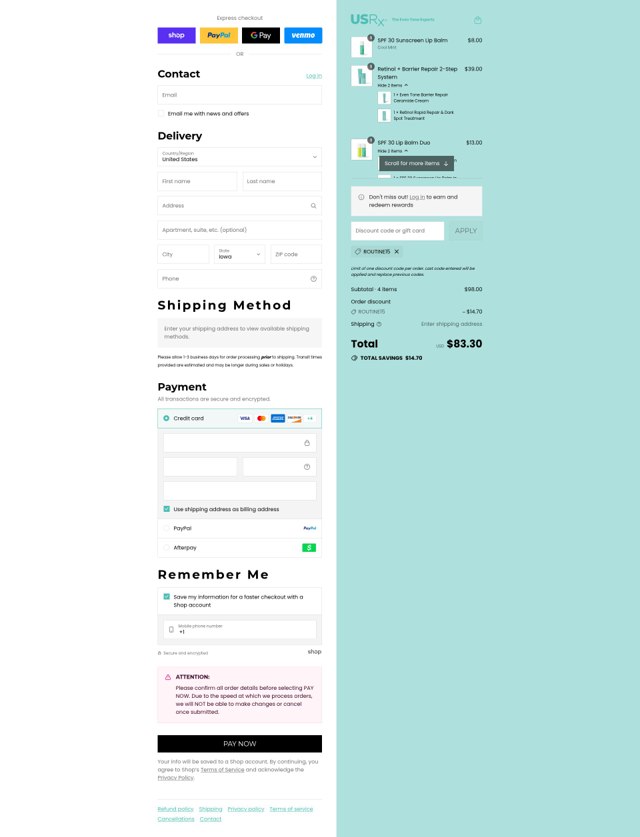 Urban Skin Rx checkout page showing Urban Skin Rx coupon code box | Screenshot taken by SimplyCodes community member on Sep 5, 2025