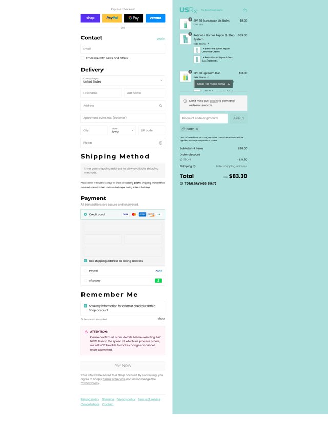 Urban Skin Rx checkout page showing Urban Skin Rx coupon code box | Screenshot taken by SimplyCodes community member on Sep 5, 2025