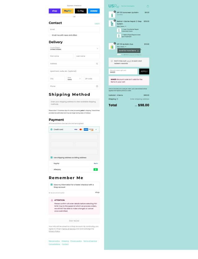 Urban Skin Rx checkout page showing Urban Skin Rx coupon code box | Screenshot taken by SimplyCodes community member on Sep 5, 2025