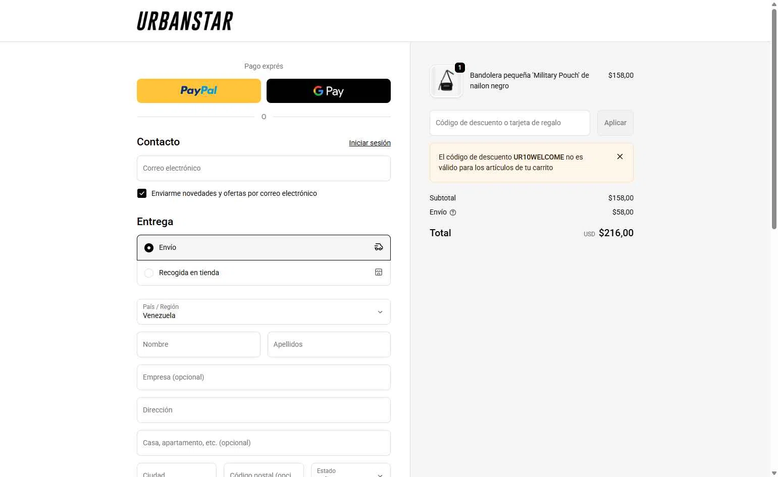Urbanstar checkout page showing Urbanstar discount code box | Screenshot taken by SimplyCodes community member on Feb 9, 2026
