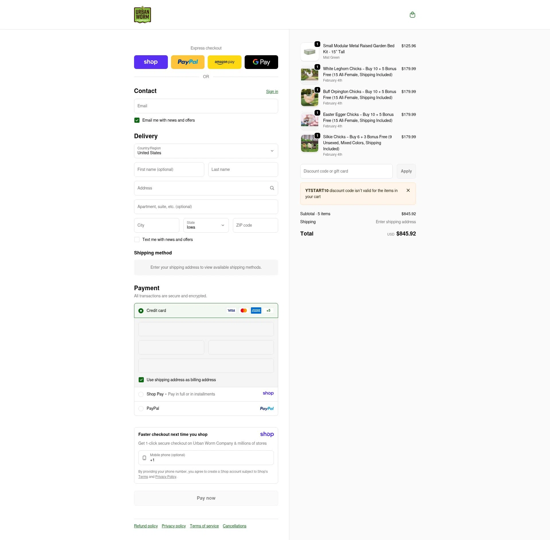 Urban Worm Company checkout page showing Urban Worm Company promo code box | Screenshot taken by SimplyCodes community member on Jan 8, 2026