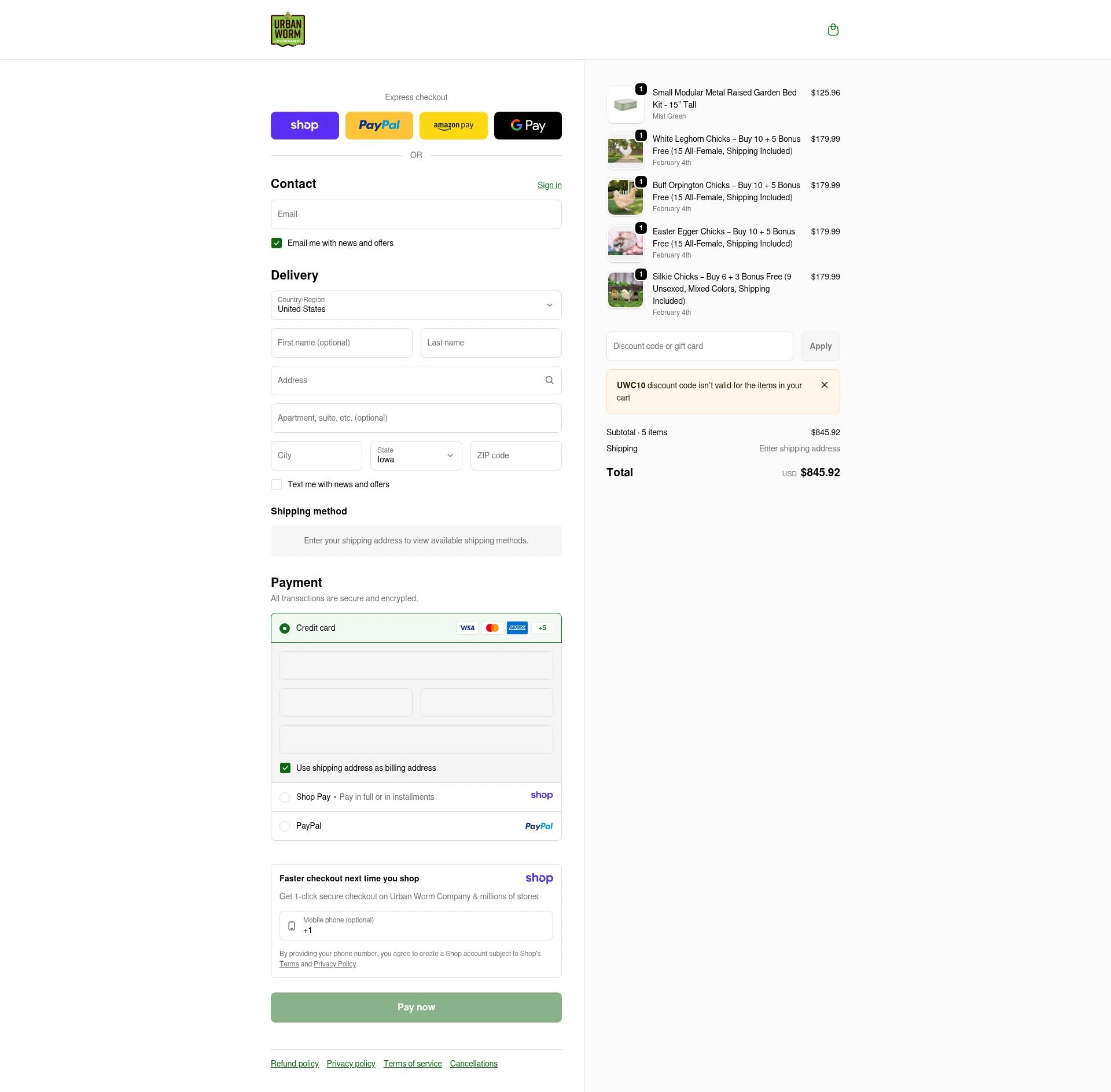 Urban Worm Company checkout page showing Urban Worm Company promo code box | Screenshot taken by SimplyCodes community member on Jan 8, 2026