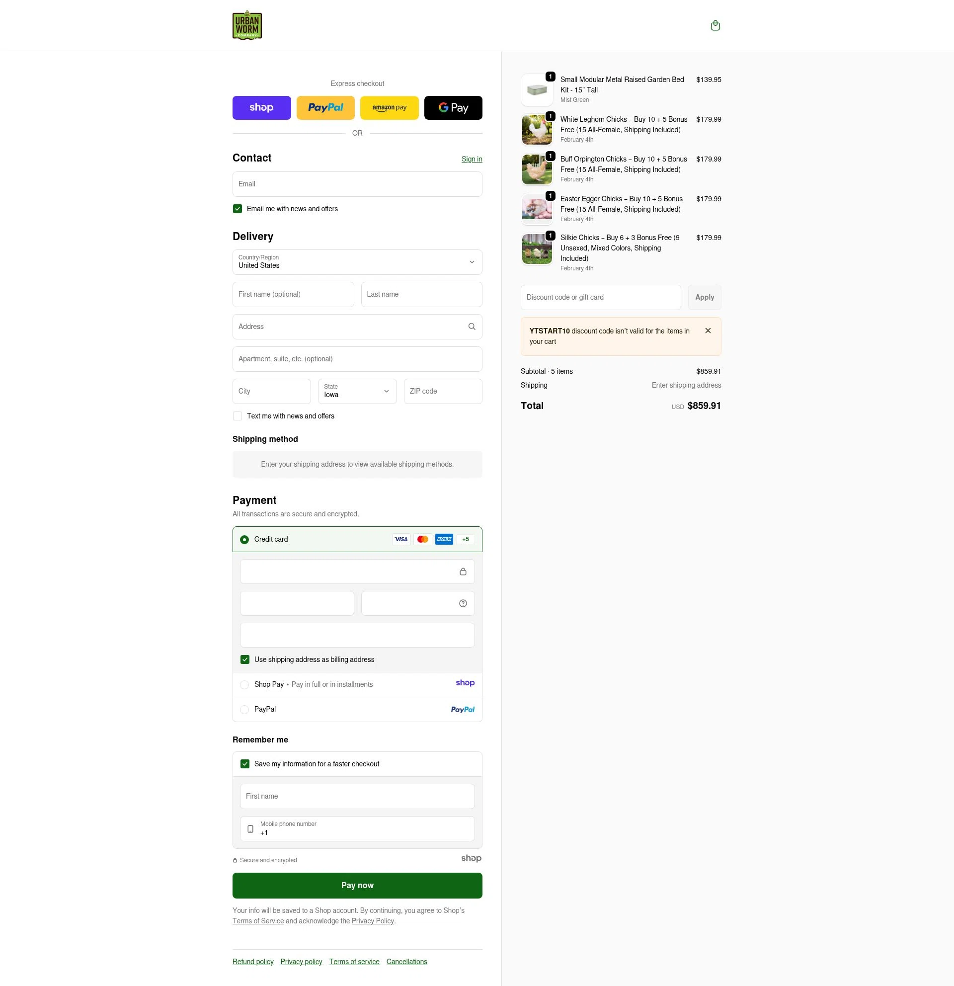 Urban Worm Company checkout page showing Urban Worm Company promo code box | Screenshot taken by SimplyCodes community member on Jan 2, 2026